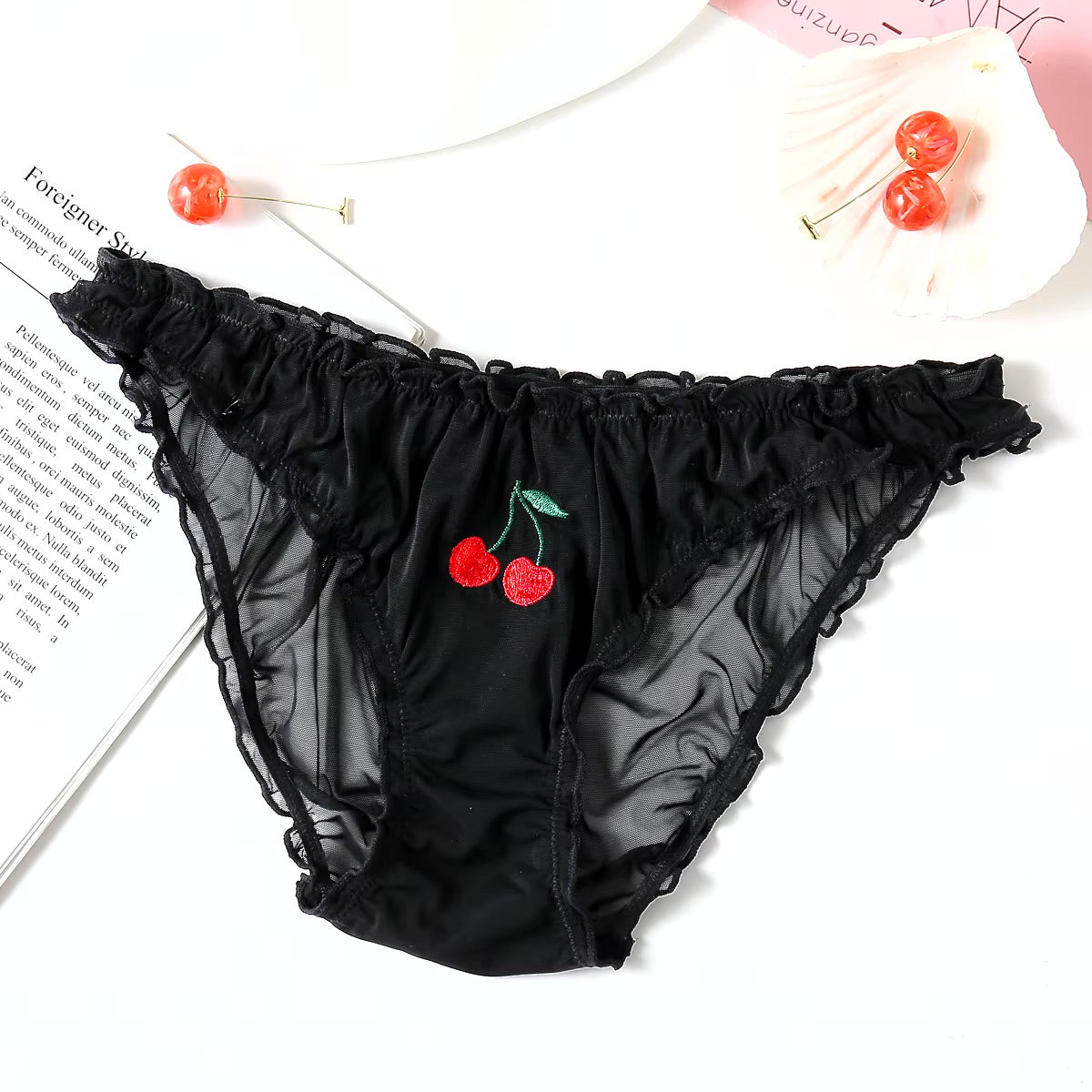 Womens underwear brief in black with cherry motif