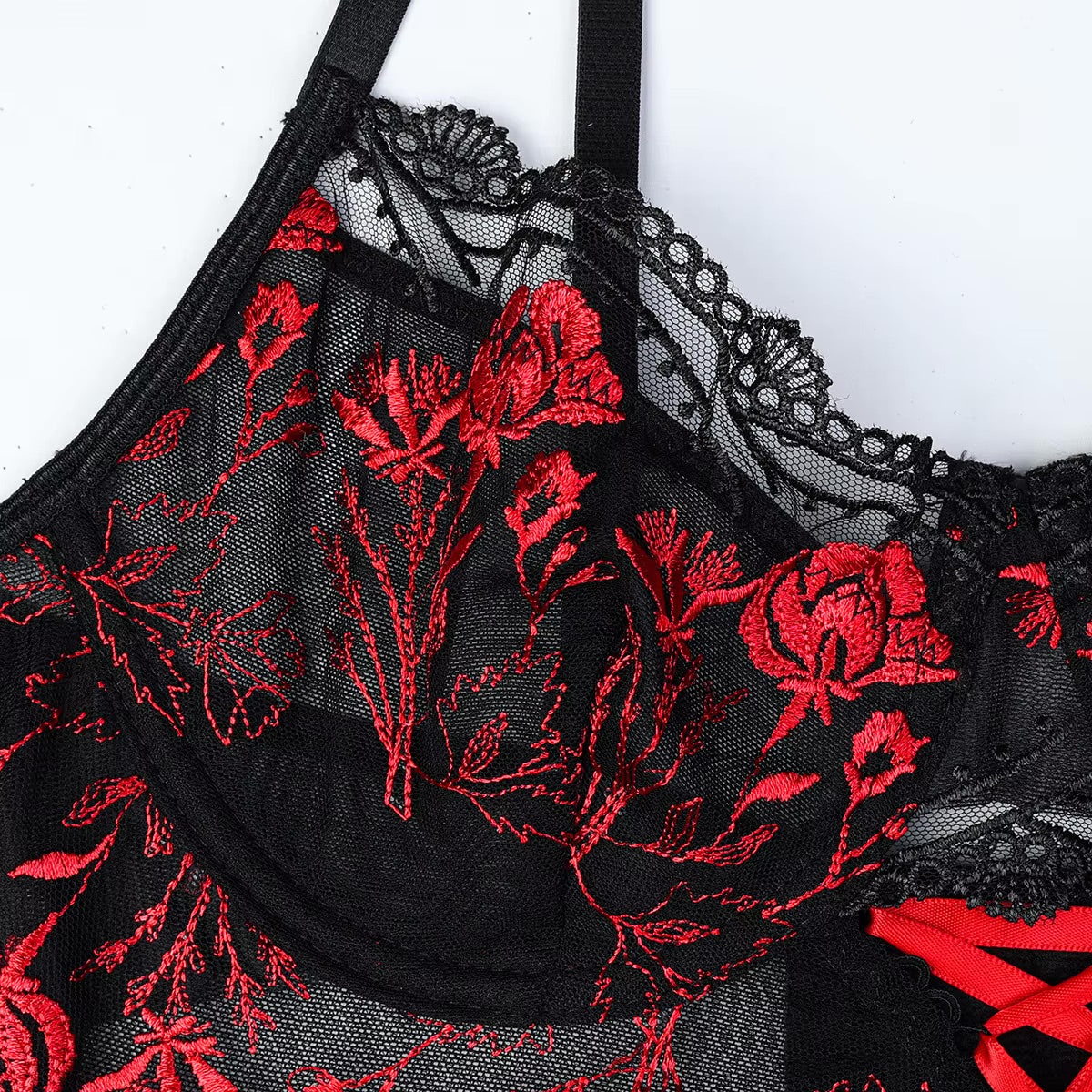 Black and red lace lingerie set with garters