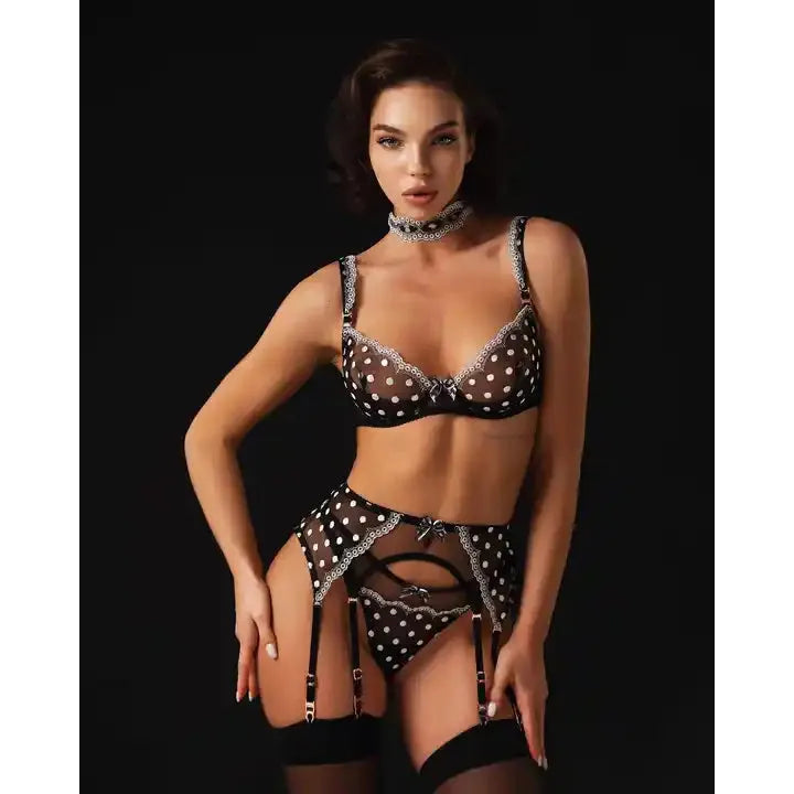 Aim To Please - sheer & lacey 4 piece set - The Blackmarket Lingerie and Swimwear
