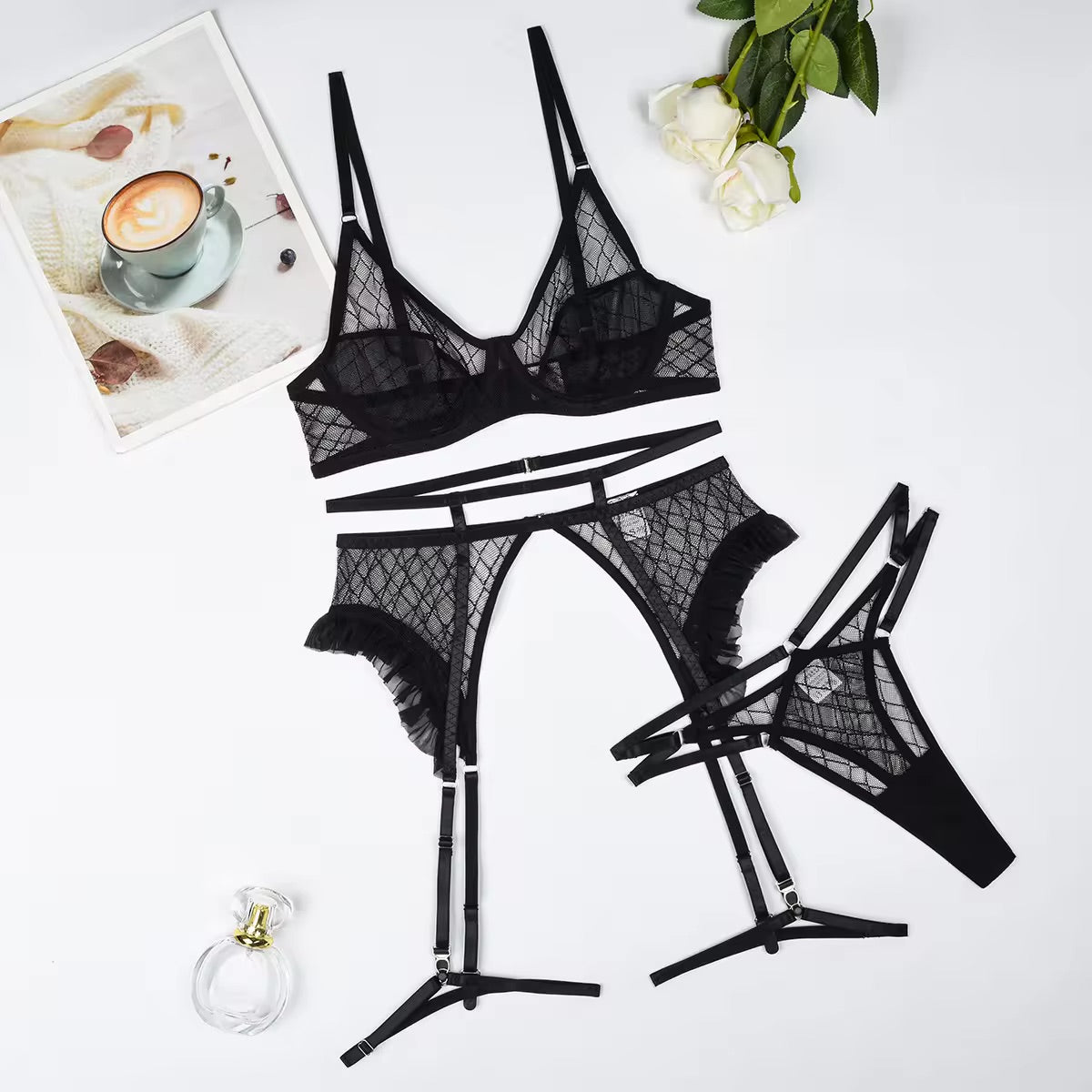 Play to Win black lace  lingerie set with bra, G, garter belt and garters