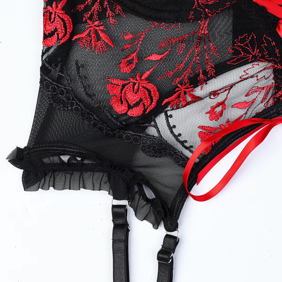 Black and red lace lingerie set with garters