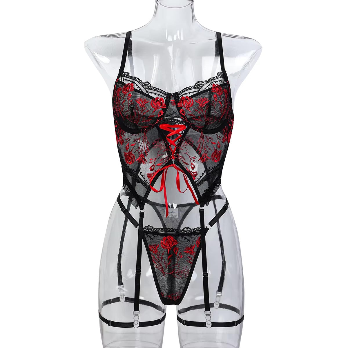 Black and red lace lingerie set with garters