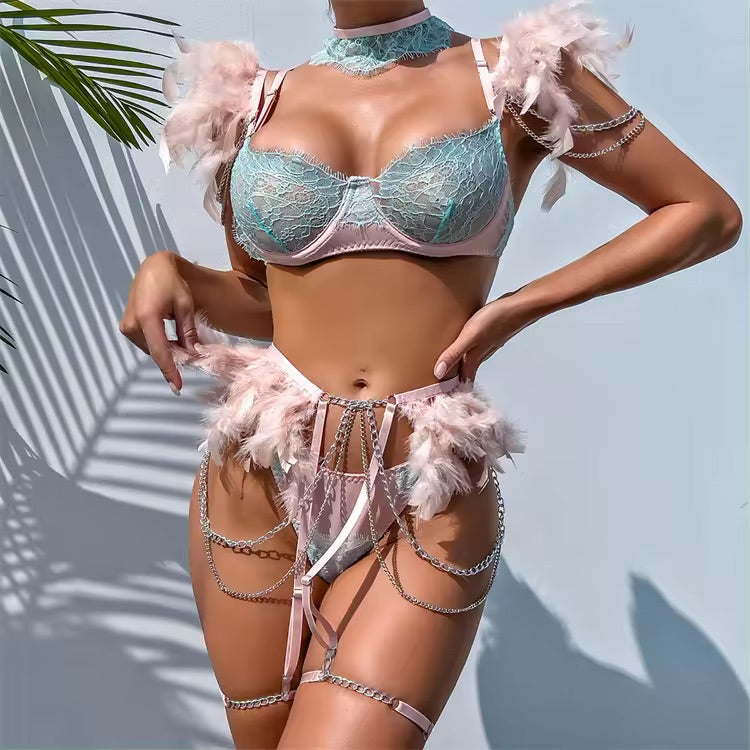 Tantalise - Feather and Chain Bra, G and Garter Set - The Blackmarket Lingerie and Swimwear