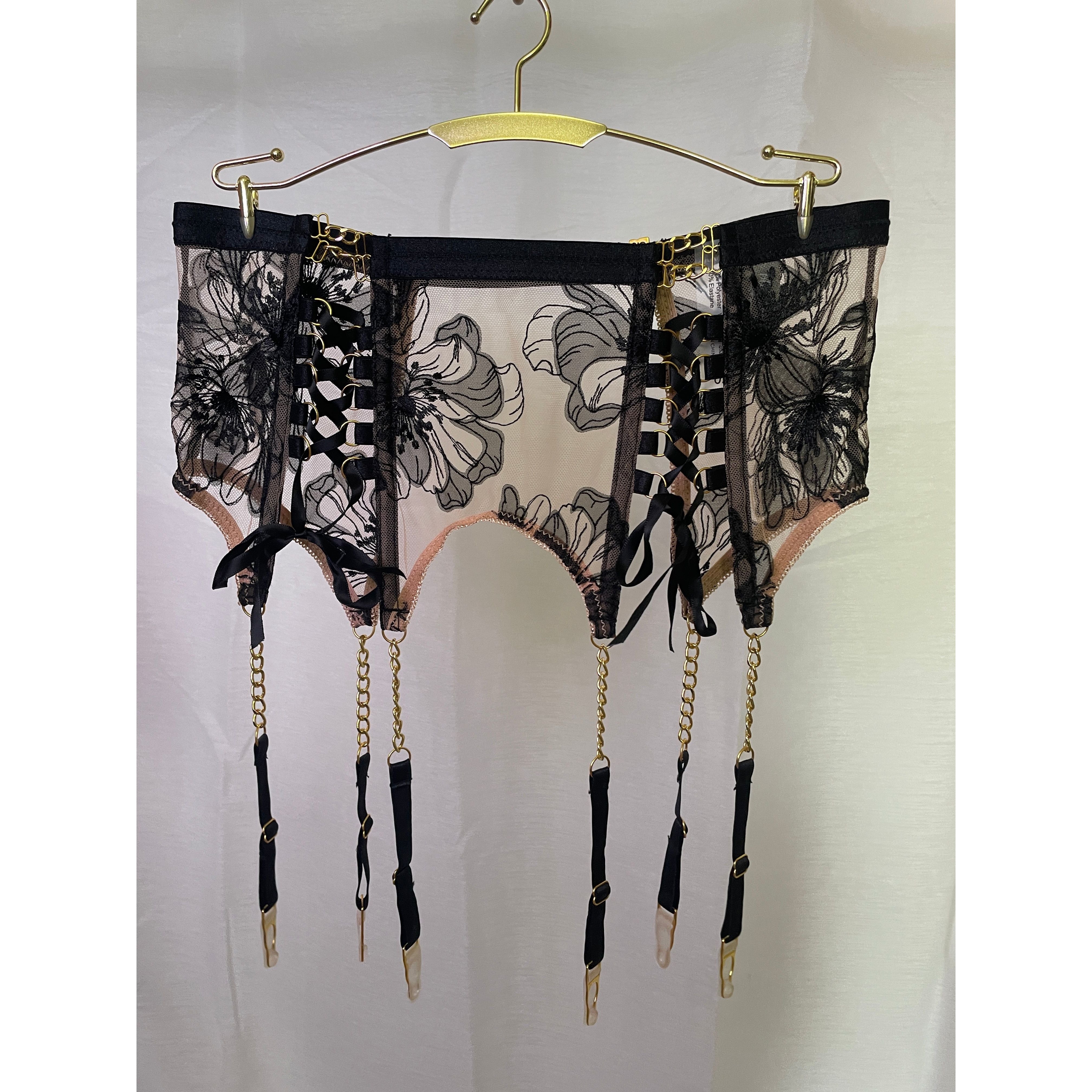 You're My Weakness black and gold lace lingerie set bra, g and garter belt