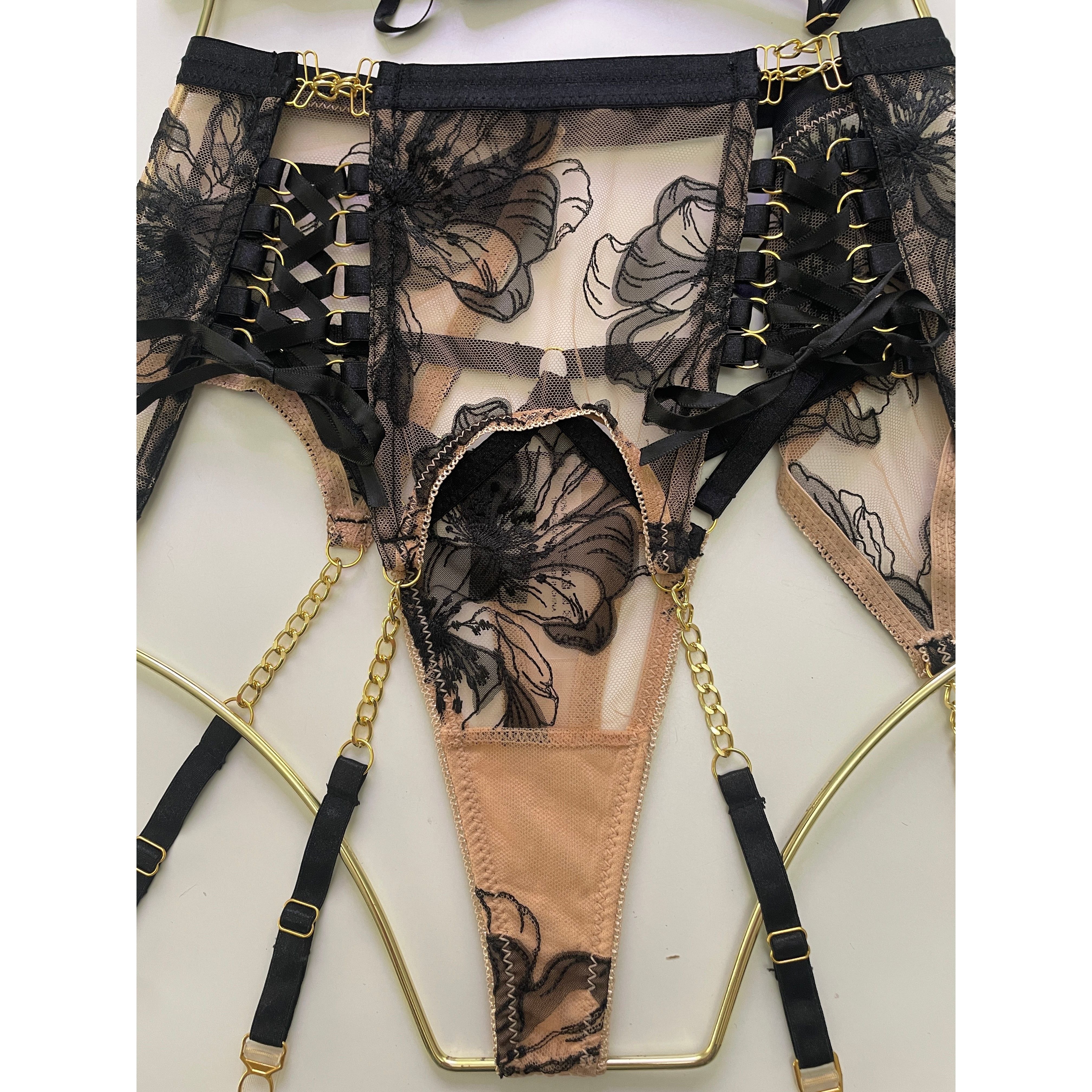 You're My Weakness black and gold lace lingerie set bra, g and garter belt