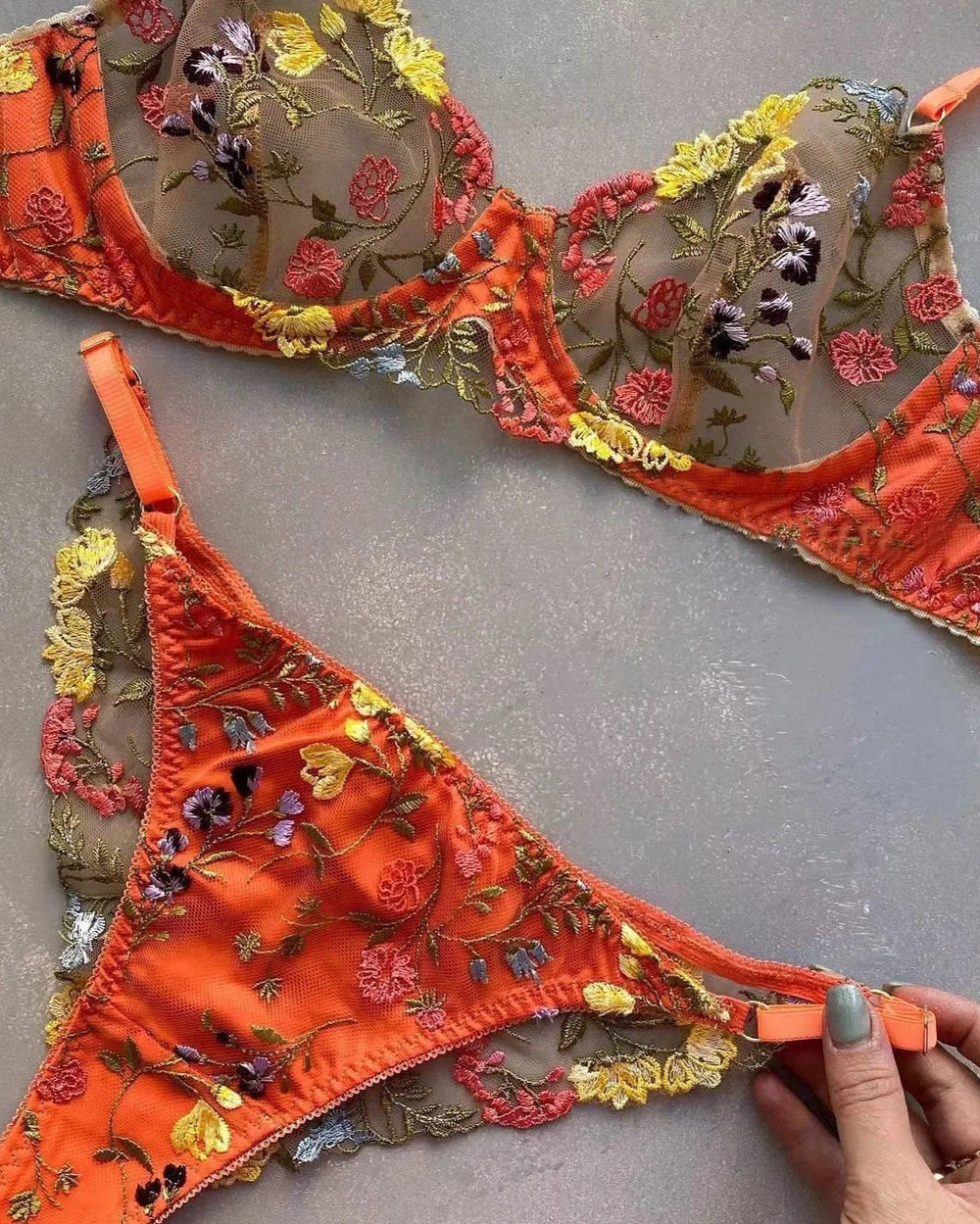 Orange Floral Embroidered Lingerie Set | In Full Bloom The Blackmarket