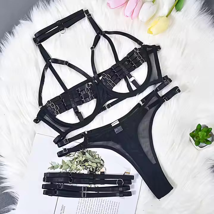 5 piece multi adjustable black lingerie set from The Blackmarket Lingerie