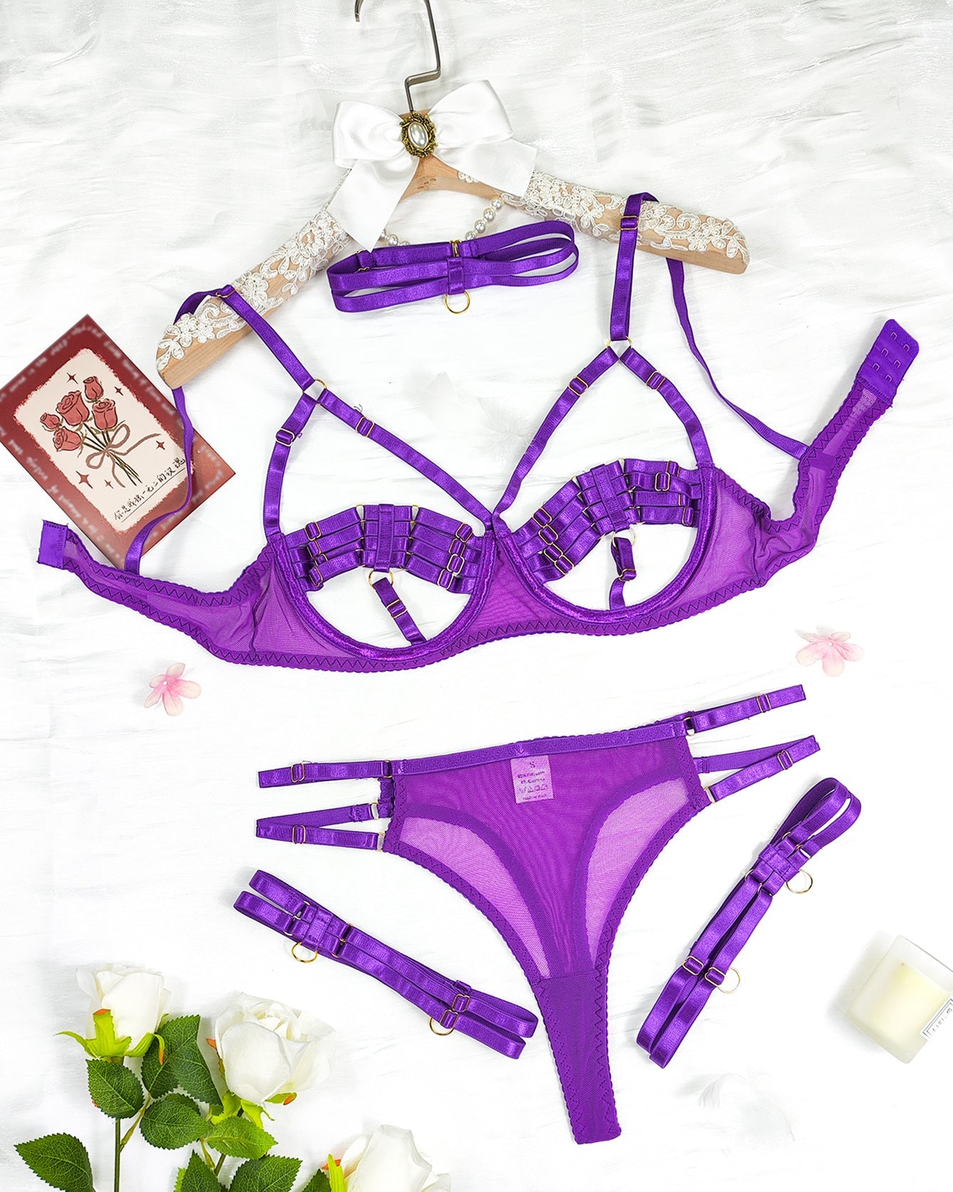 Purple harness lingerie set with sheer mesh panels