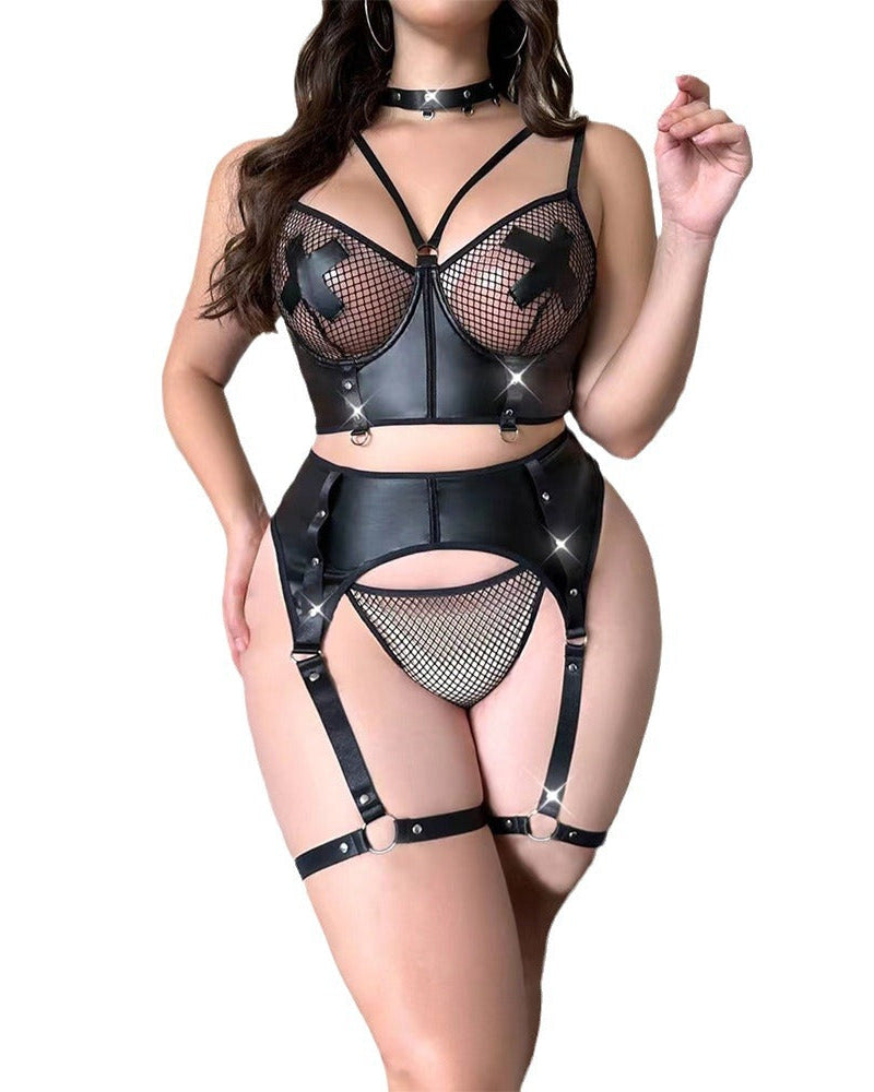 Mesh and faux leather sexy black lingerie set Australia