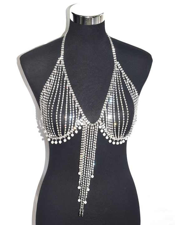 Crystal Bra with rhinestones and pearl beads