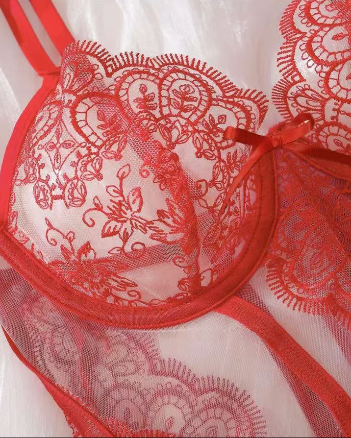front view of red lace lingerie with sheer panels