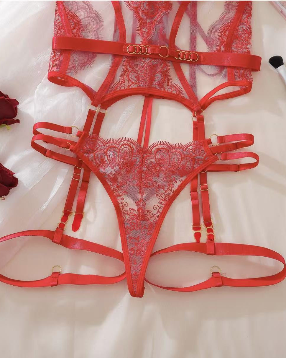 front view of red lace lingerie with sheer panels