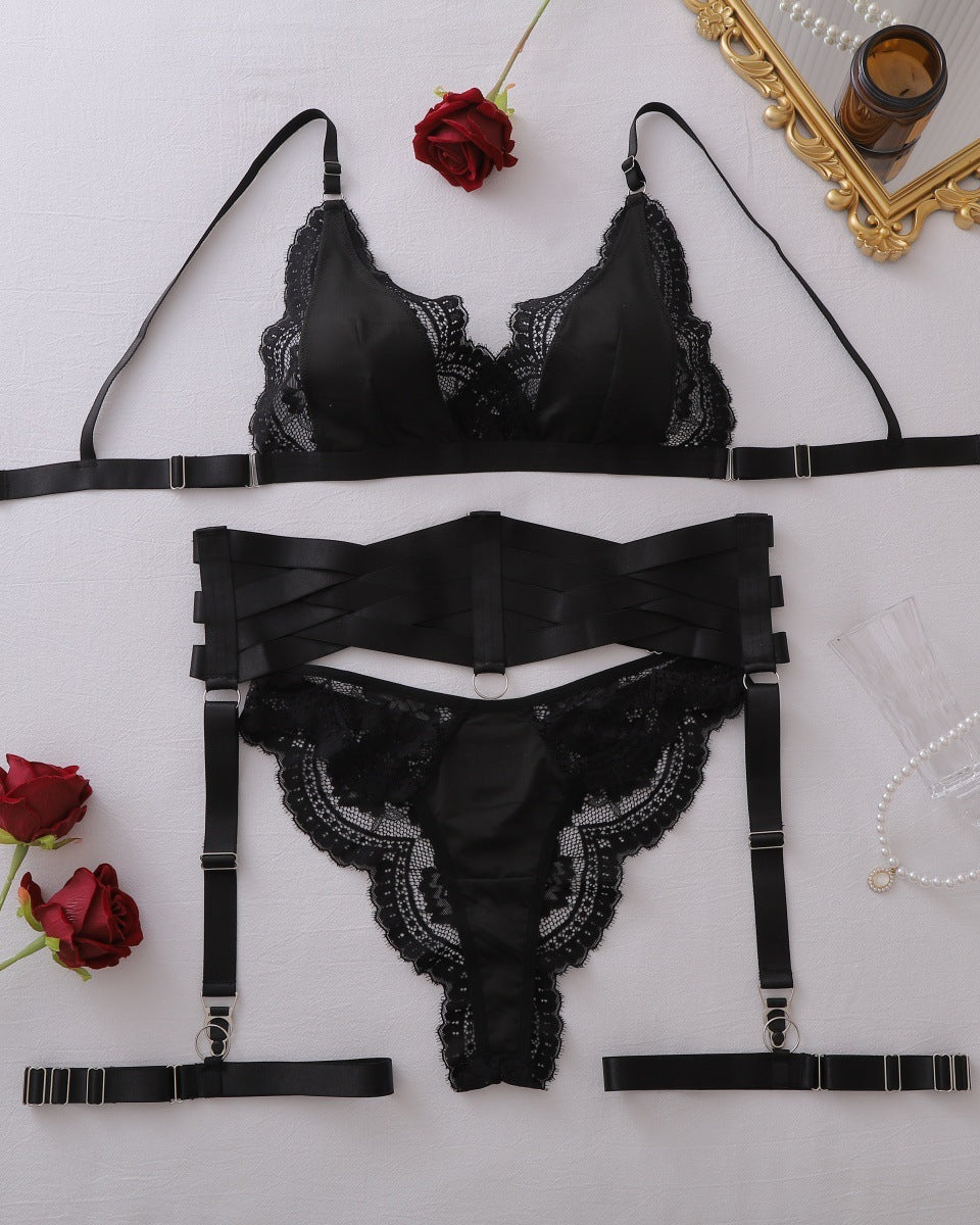 Not Your Business black lace lingerie set with bralette, strappy waist harness, briefs and thigh bands