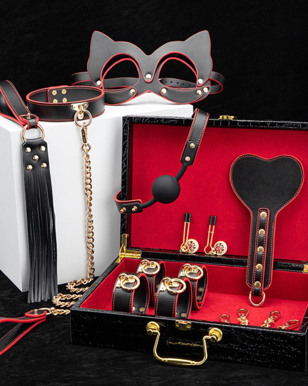 Obey Me deluxe 10-piece BDSM kit in velvet-lined case black and gold