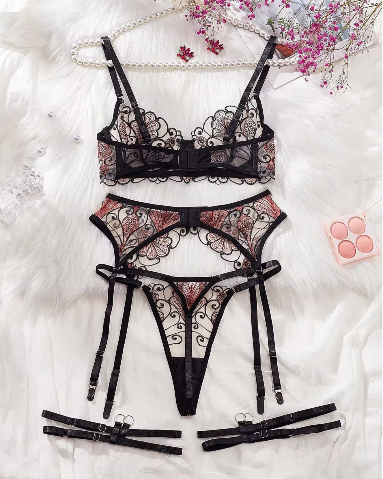 Back view of the Oh Me Oh My set - Bra, G, Garter Belt and Garter Set - The Blackmarket Lingerie 