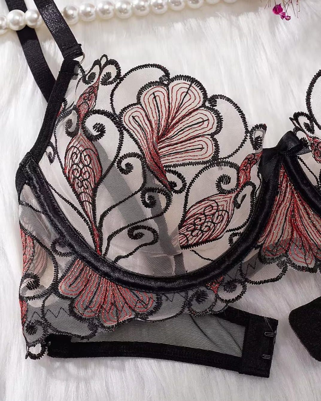 Close up of lace bra detail lingerie set