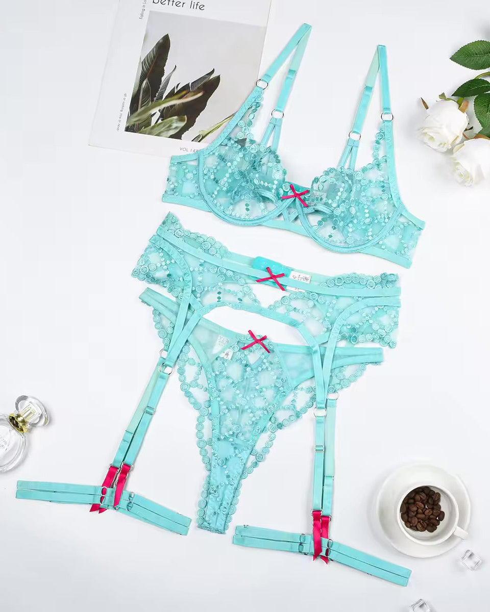 Turquoise shimmer lace bra and G-string set with matching garter belt and garters