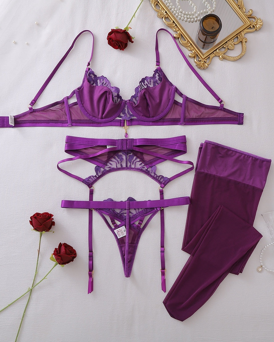 Deep purple lace and mesh lingerie set with matching stockings sizes S to L