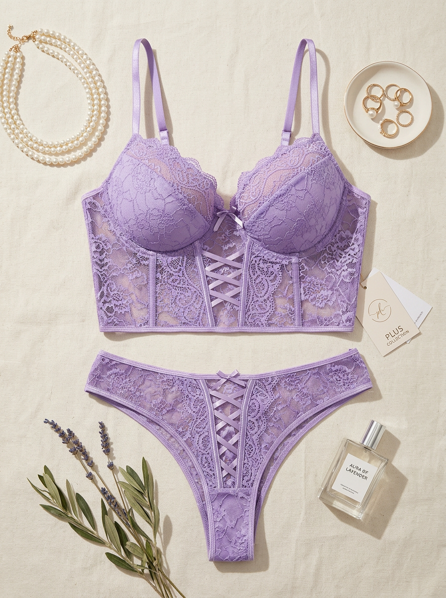 Curvy Plus Size Lingerie Set. Bustier and G String in Lilac Lace