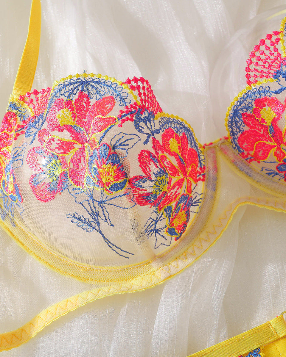 Colourful floral embroidery on the Sunset Seduction yellow lingerie set