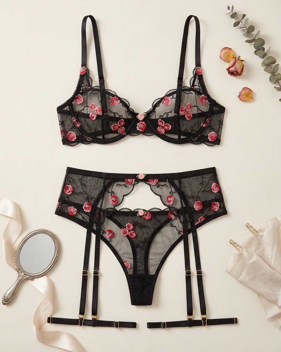 Black sheer mesh lingerie set with red floral embroidery, including a bralette and matching garter belt with suspenders, arranged in a flat lay on a cream background with decorative props.