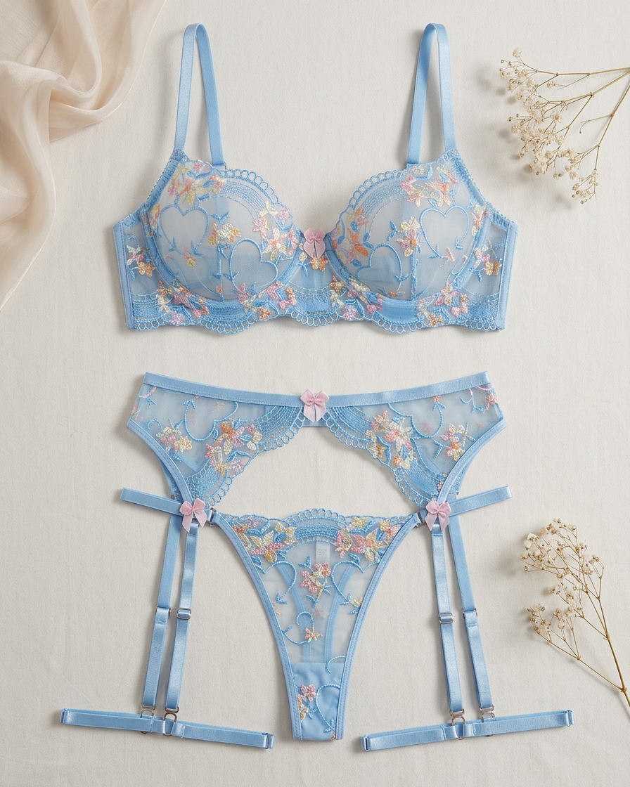 Pastel floral embroidered lingerie set in powder blue