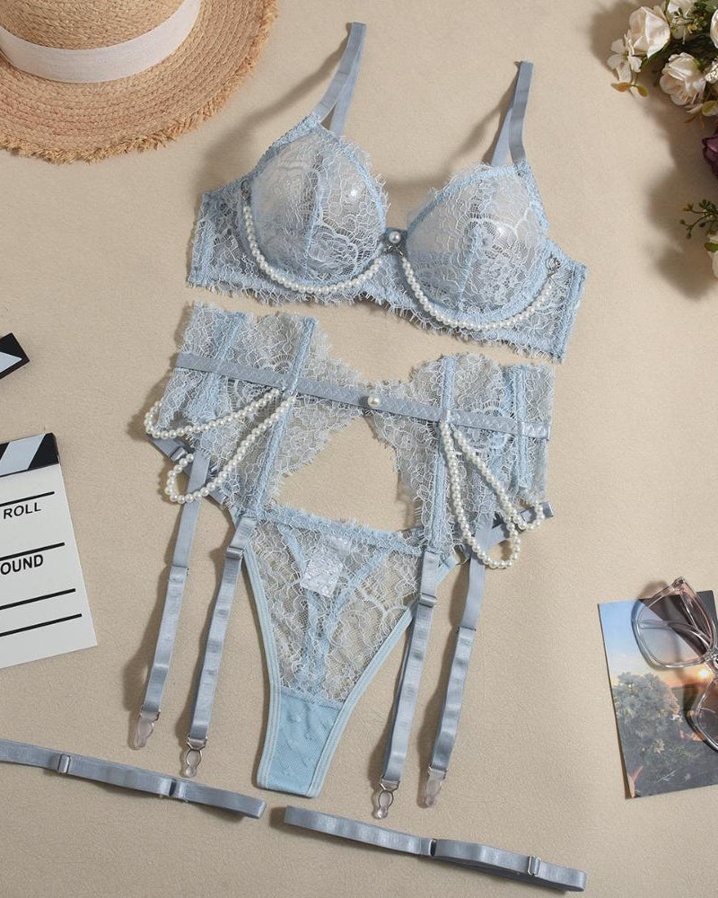 Pale Blue lace lingerie with pearl decorations