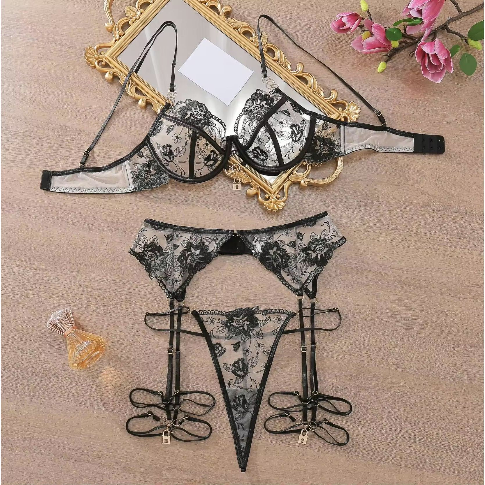 You Hold the Key Black Lace Bra, G-String, and Garter Belt Set