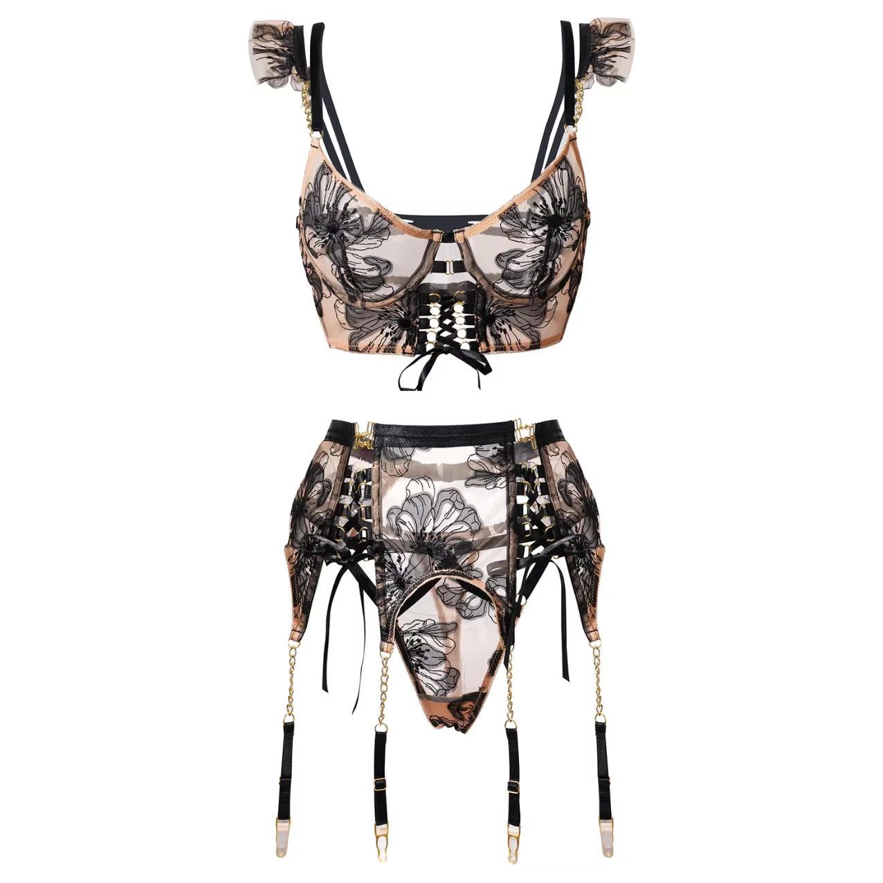 You're My Weakness black and gold lace lingerie set bra, g and garter belt