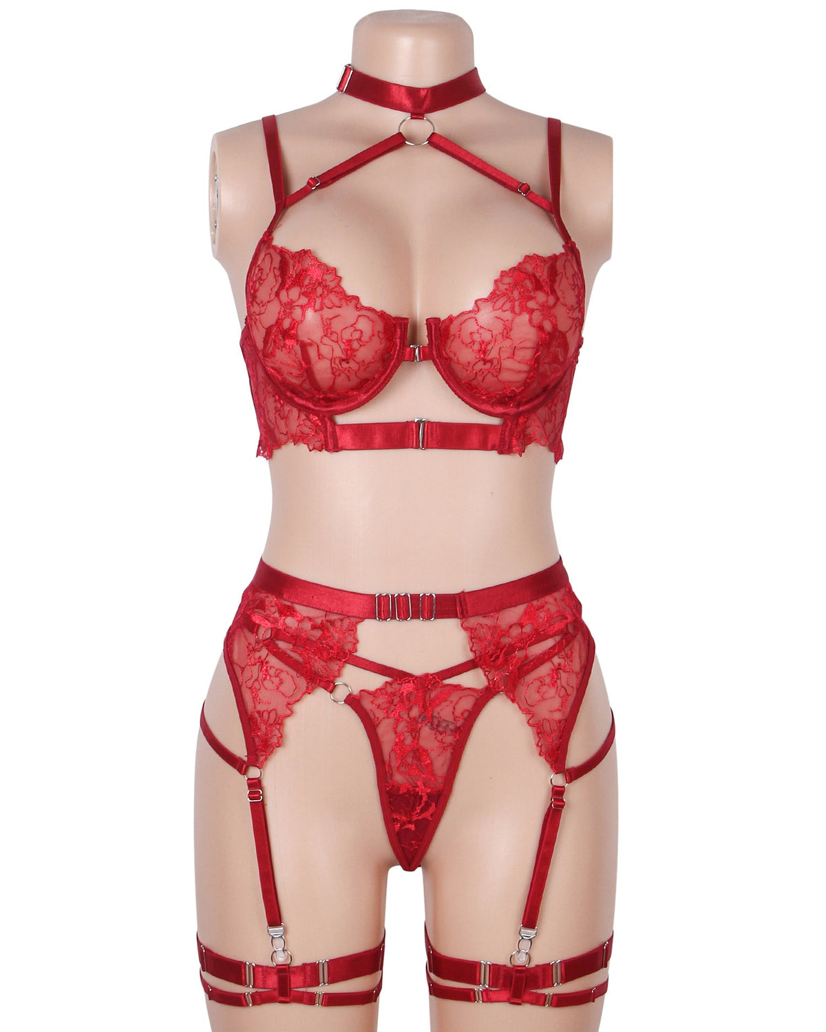 Knock ’Em Dead red lace G-string and suspender belt detail