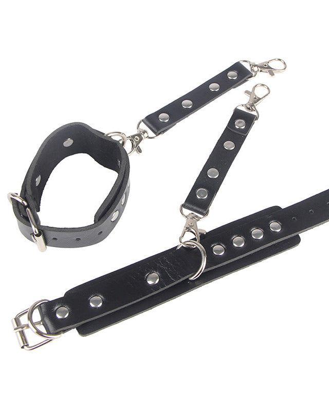 Call the Shots - Leather Harness and Cuffs  details- The Blackmarket Lingerie 