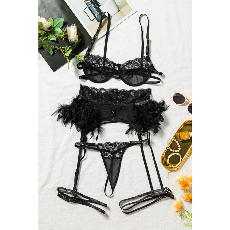 Universal Appeal - Lace and feather three piece set - The Blackmarket Lingerie and Swimwear