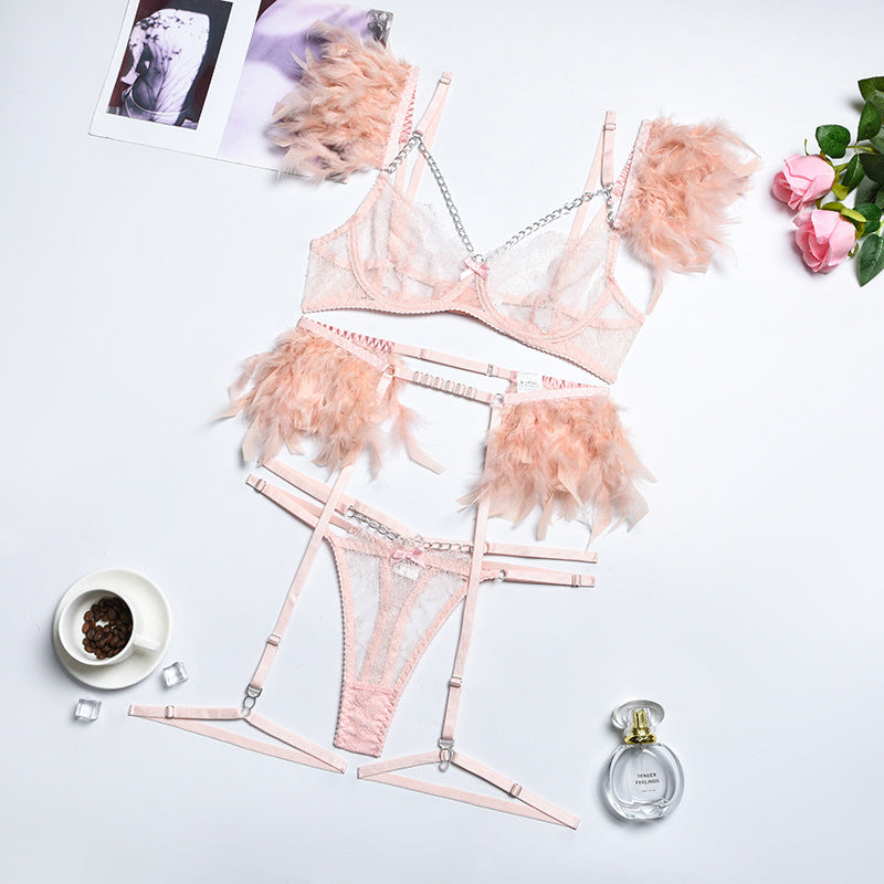 Fascination - Feathered bra, G, Garter belt and Garter set - Pink - The Blackmarket Lingerie and Swimwear