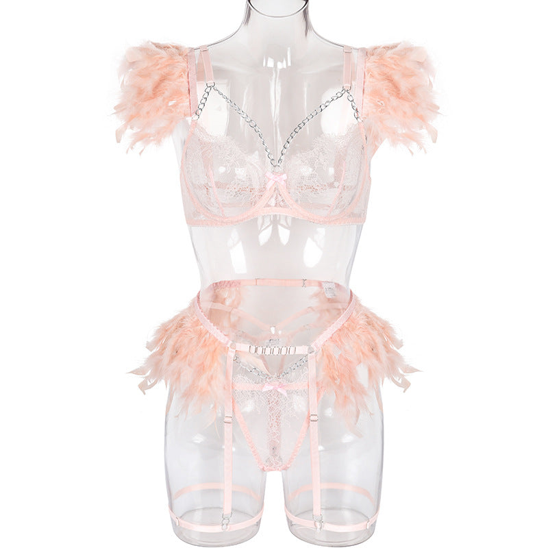 Fascination - Feathered bra, G, Garter belt and Garter set - Pink - The Blackmarket Lingerie and Swimwear